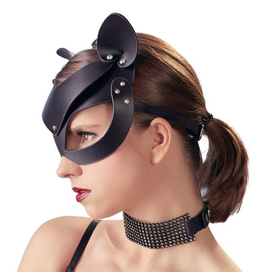 Bad Kitty - koženková mačacia maska s kamienkami - čierna (S-L)