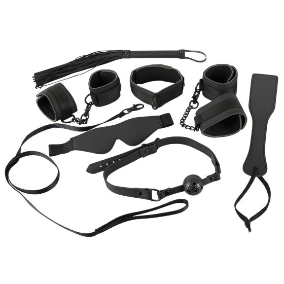 Bad Kitty - kožený set na bondage na suchý zips (8 dielov) - čierny