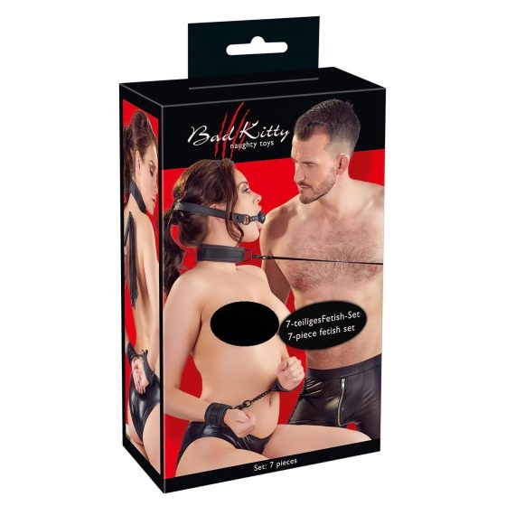 Bad Kitty - kožený set na bondage na suchý zips (8 dielov) - čierny