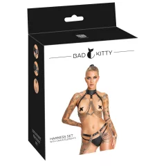   Bad Kitty - 3-dielna čierna postrojová súprava s popruhmi na prsia a boky (S-L)