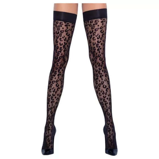 Cottelli Legwear - samodržiace pančuchy - leopard vzor - čierne - 5