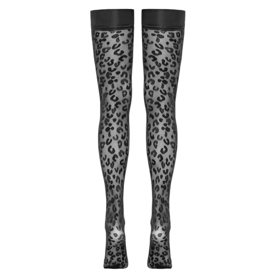 Cottelli Legwear - samodržiace pančuchy - leopard vzor - čierne - 5