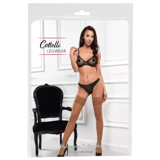 Cottelli - samodržiace pančuchy - čipkované, kvetinový vzor - telová farba - 4/L