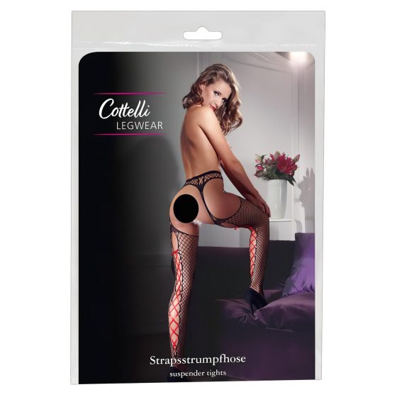 Cottelli - Čierne sieťové pančuchy s červenou šnúrkou