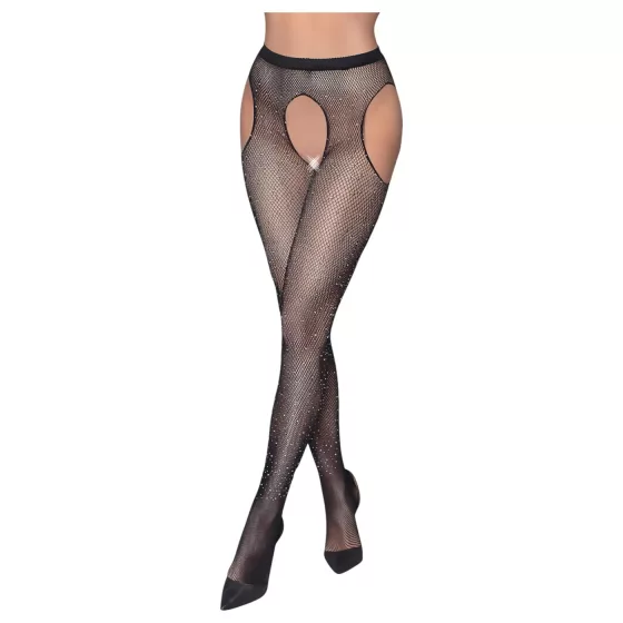 Cottelli Legwear - otvorené, lesklé, čierne pančuchy (S-L)