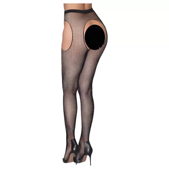 Cottelli Legwear - otvorené, lesklé, čierne pančuchy (S-L)