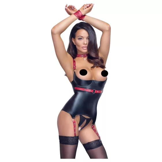 Cottelli Bondage - lakovaný top s otvorom na prsia a obojkom - čierny - L