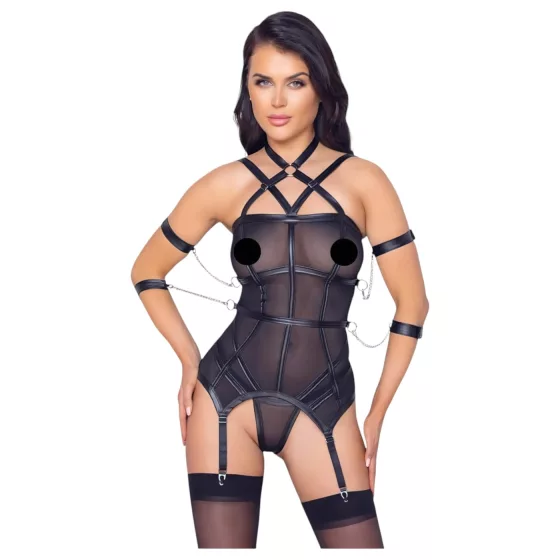 Cottelli Bondage - popruhový top, putá na ruky a tangá (čierne)