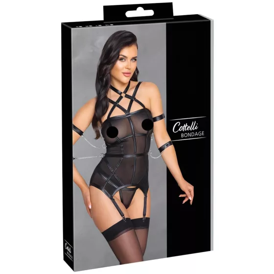 Cottelli Bondage - popruhový top, putá na ruky a tangá (čierne)