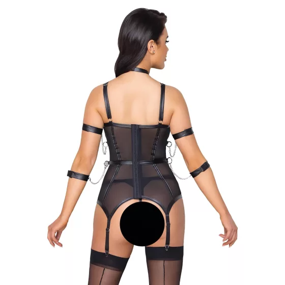 Cottelli Bondage - popruhový top, putá na ruky a tangá (čierne)