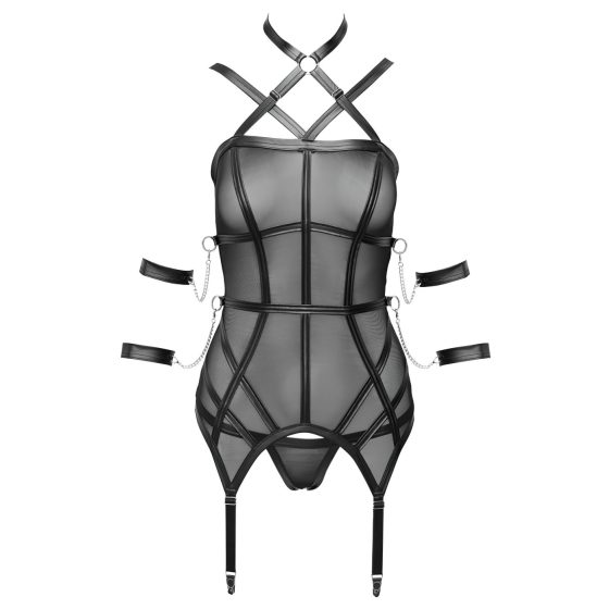 Cottelli Bondage - popruhový top, putá na ruky a tangá (čierne)