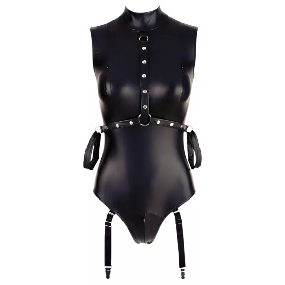 Cottelli Bondage - erotické body bez rukávov a putá na ruky - lesklé čierne - L