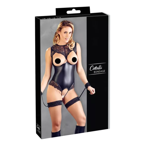 Cottelli Bondage - lesklé otvorené body a putá na ruky - čierne