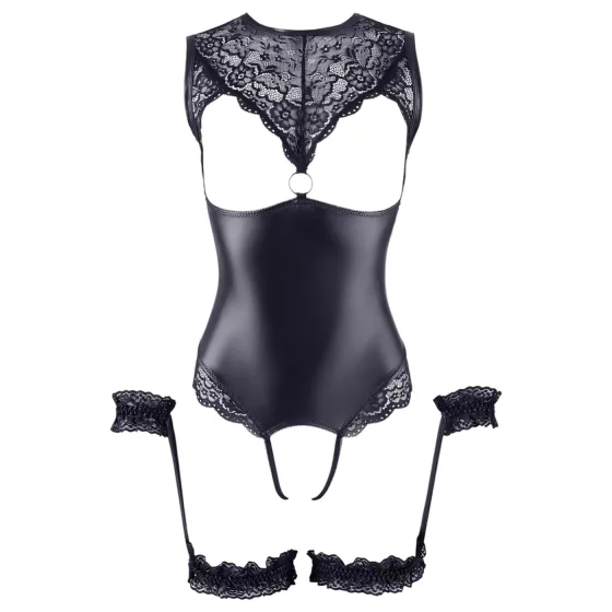 Cottelli Bondage - lesklé otvorené body a putá na ruky - čierne