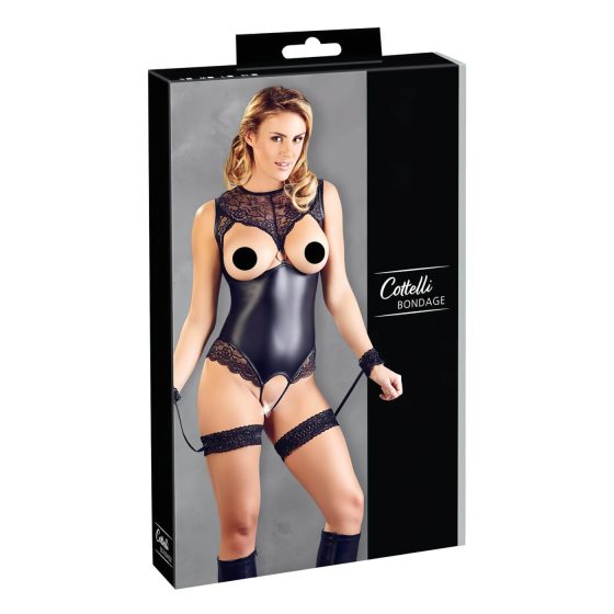 Cottelli Bondage - lesklé otvorené body a putá na ruky - čierne - XL