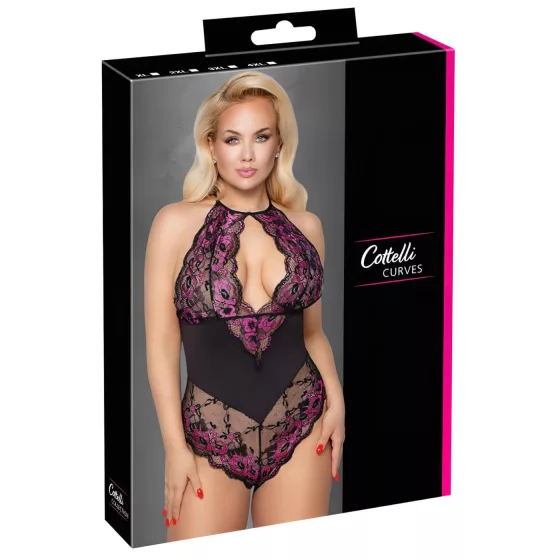 Cottelli Plus Size - body s kvetinovým vzorom - čierna/fialová - 3XL
