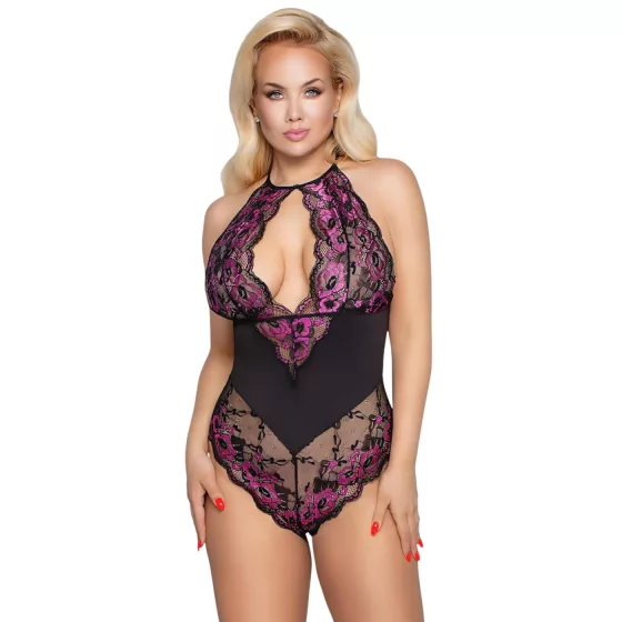 Cottelli Plus Size - body s kvetinovým vzorom - čierna/fialová - 3XL