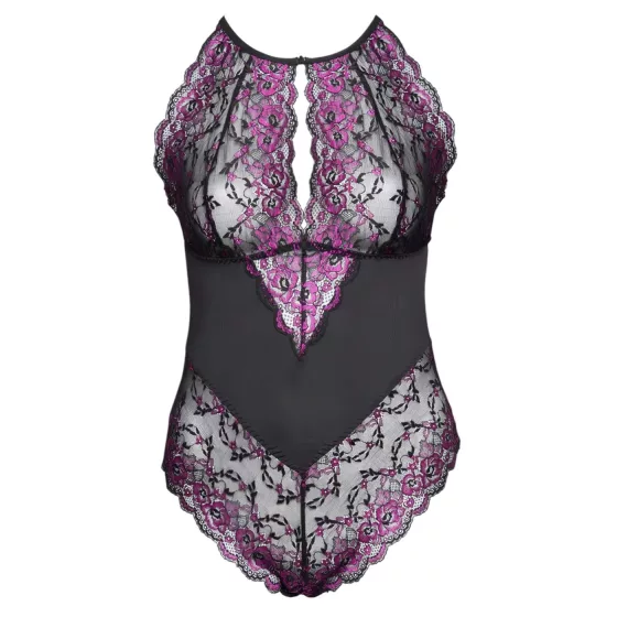 Cottelli Plus Size - body s kvetinovým vzorom - čierna/fialová - 3XL