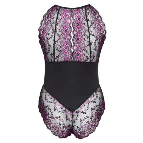 Cottelli Plus Size - body s kvetinovým vzorom - čierna/fialová - 3XL
