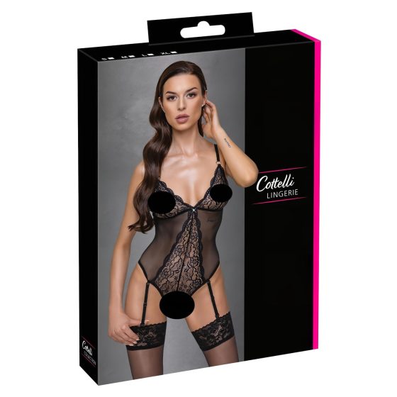 Cottelli - otvorené čipkované body s podväzkami (čierne)
