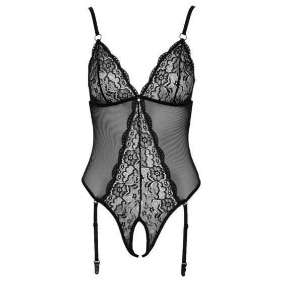 Cottelli - otvorené čipkované body s podväzkami (čierne)