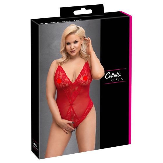Cottelli Curves - čipkované body - priehľadné - červené - 2XL