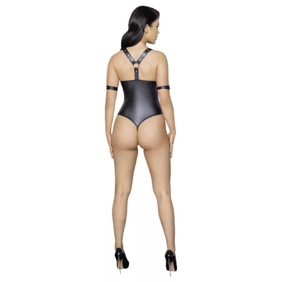 Cottelli Bondage - otvorený lesklý body s krúžkami - čierny - M
