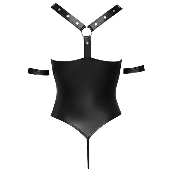 Cottelli Bondage - otvorený lesklý body s krúžkami - čierny - M