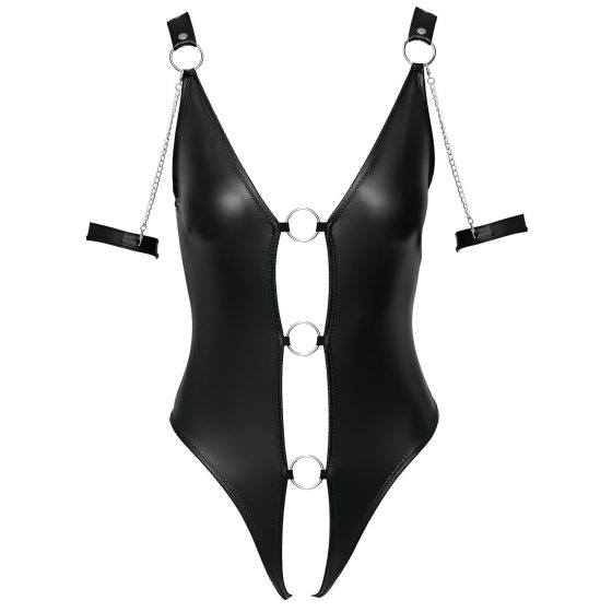 Cottelli Bondage - otvorený lesklý body s krúžkami - čierny - L