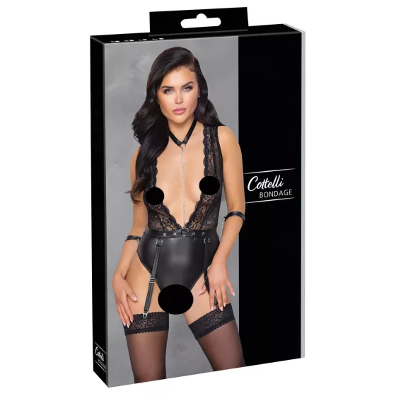Cottelli Bondage - body s čipkou a obojkom - čierne - L