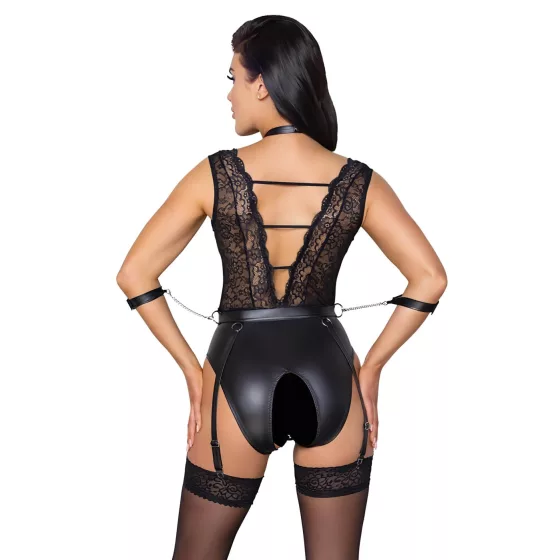 Cottelli Bondage - body s čipkou a obojkom - čierne - L