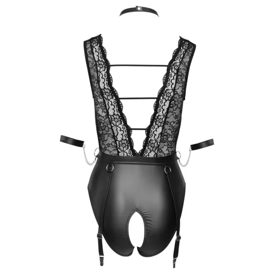 Cottelli Bondage - body s čipkou a obojkom - čierne - L
