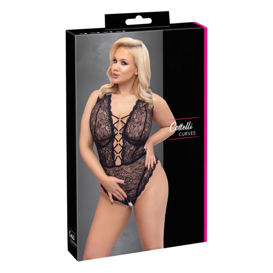 Cottelli Curves - dámske body plus size - priehľadné s vzorom - čierne - 90D/XL