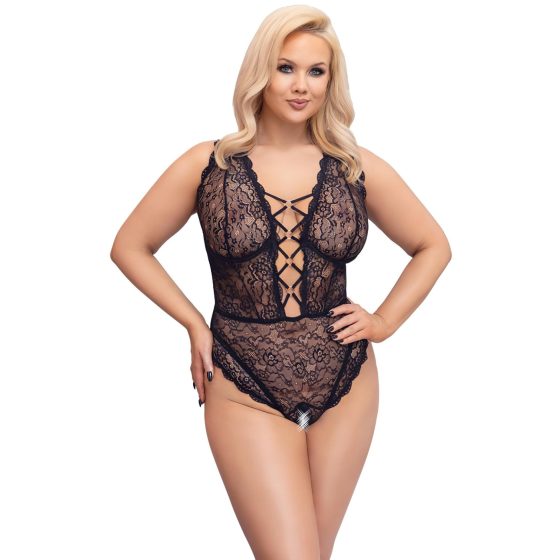 Cottelli Curves - dámske body plus size - priehľadné s vzorom - čierne - 90D/XL