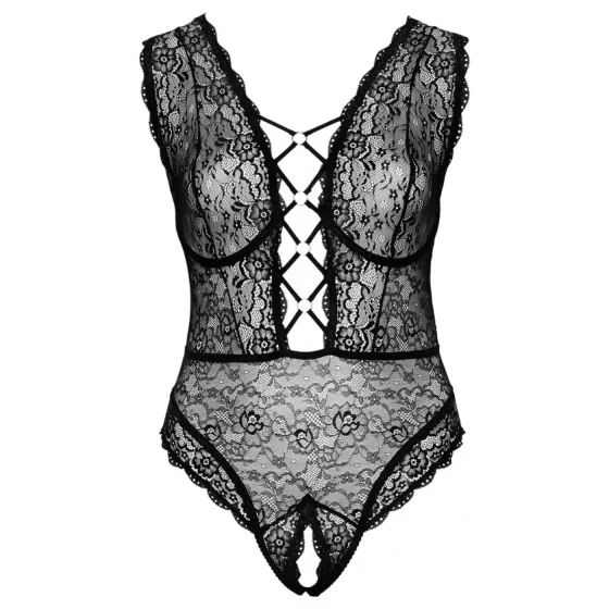 Cottelli Curves - dámske body plus size - priehľadné s vzorom - čierne - 90D/XL