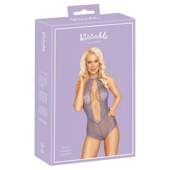 Kissable - čipkované body s golierom na krk - fialová - L/XL