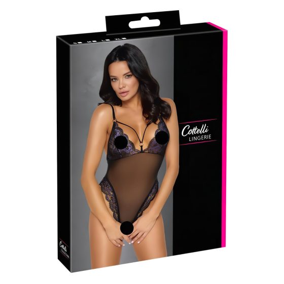 Cottelli - vyšívané, otvorené čipkované body (čierno-fialové)