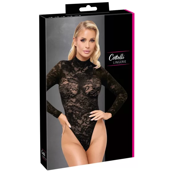 Cottelli - čipkované body s dlhým rukávom (čierne) - S