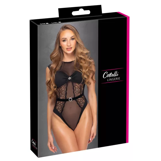 Cottelli - čipkované body - priehľadné - čierne - L/XL