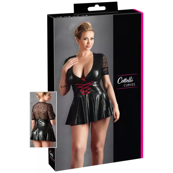 Cottelli Plus Size - lesklé šaty s červeným korzetom - čierne - XXL