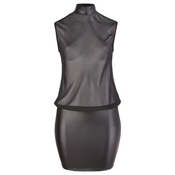 Cottelli Plus Size - erotické šaty - lesklý šifón - čierne - 4XL