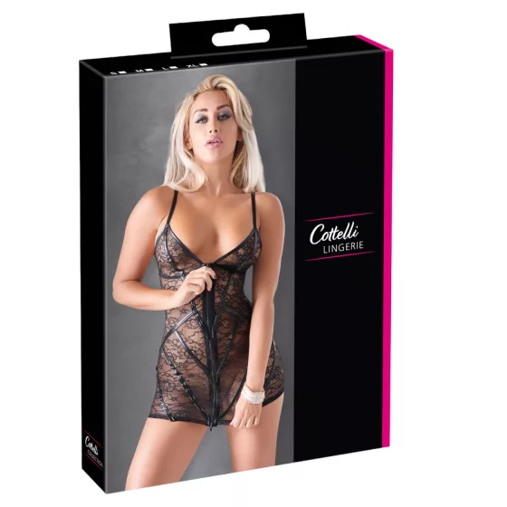 Cottelli - erotické čipkované šaty - lesklé pruhy - čierna - XL