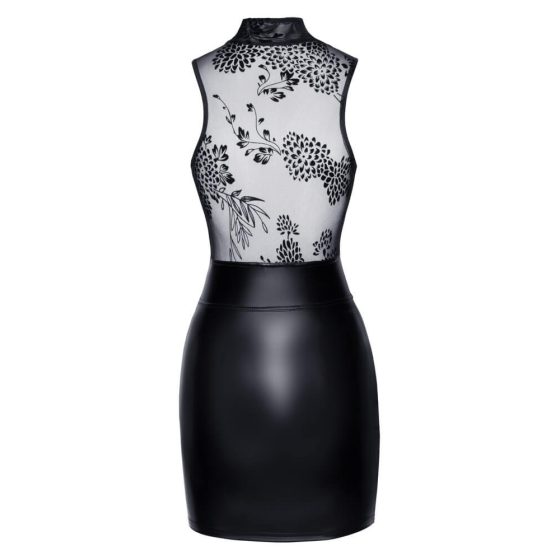 Noir - priesvitný top, lesklé mini šaty (čierne)