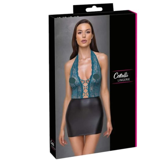 Cottelli - lesklé čipkované šaty so šnurovaním - čierna/zelená