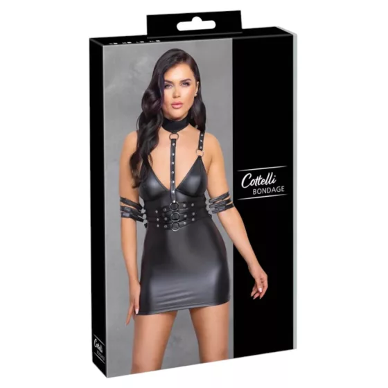 Cottelli Bondage - mini šaty na krk - lesklé - čierne