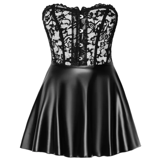 Noir - mini šaty lakované s čipkovaným topom - čierne