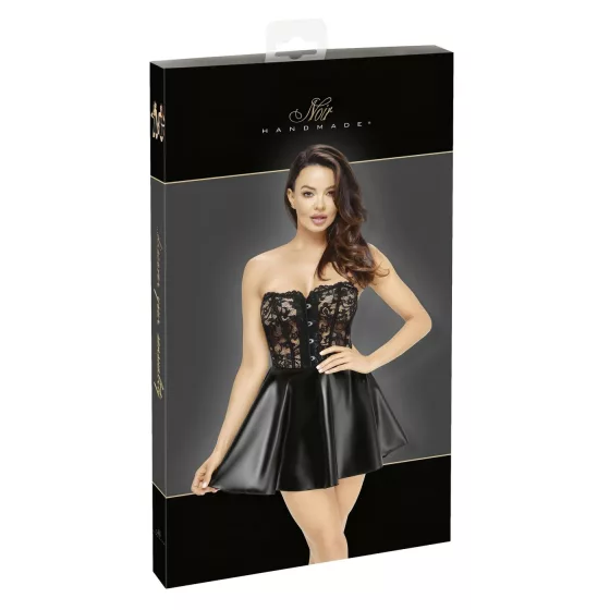 Noir - mini šaty lakované s čipkovaným topom - čierne - XL