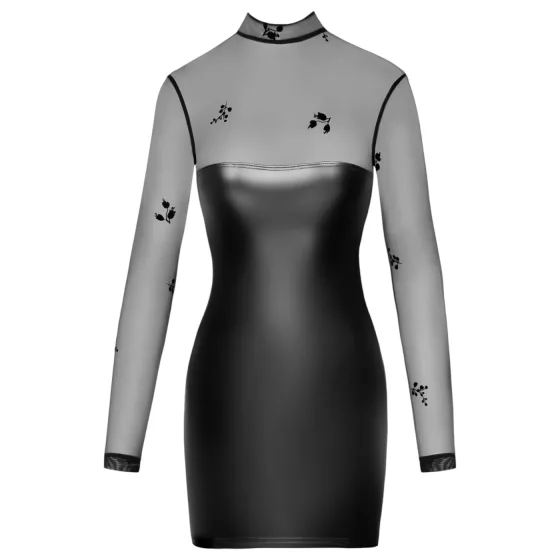 Noir - lesklé priliehavé mini šaty - priesvitný top - čierne - M