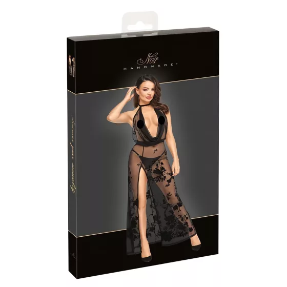 Noir - úplne priehľadné kvetinové maxi šaty (čierne)