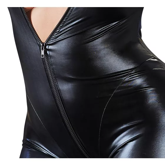 Cottelli Plus Size - lesklý overal s dlhým rukávom - čierny - 4XL